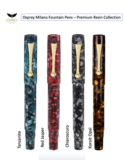 Osprey Milano Acrylic Fountain Pens with Gold trim group picture Tanzanite , Red Jasper, Chiaroscuro, K.Opal