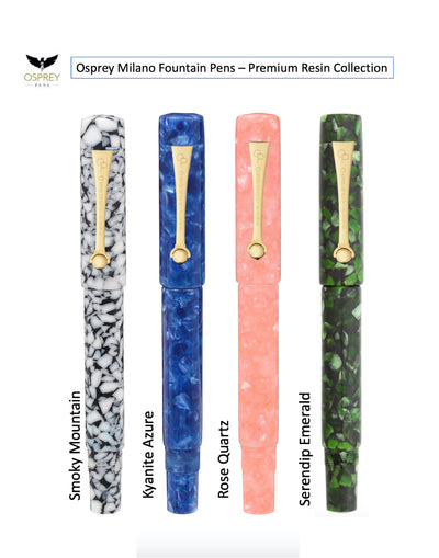 Osprey Milano Acrylic  Fountain Pens with Gold trim group picture Smoky Mountain, Kyanite, Rose quartz, Serendip emerald
