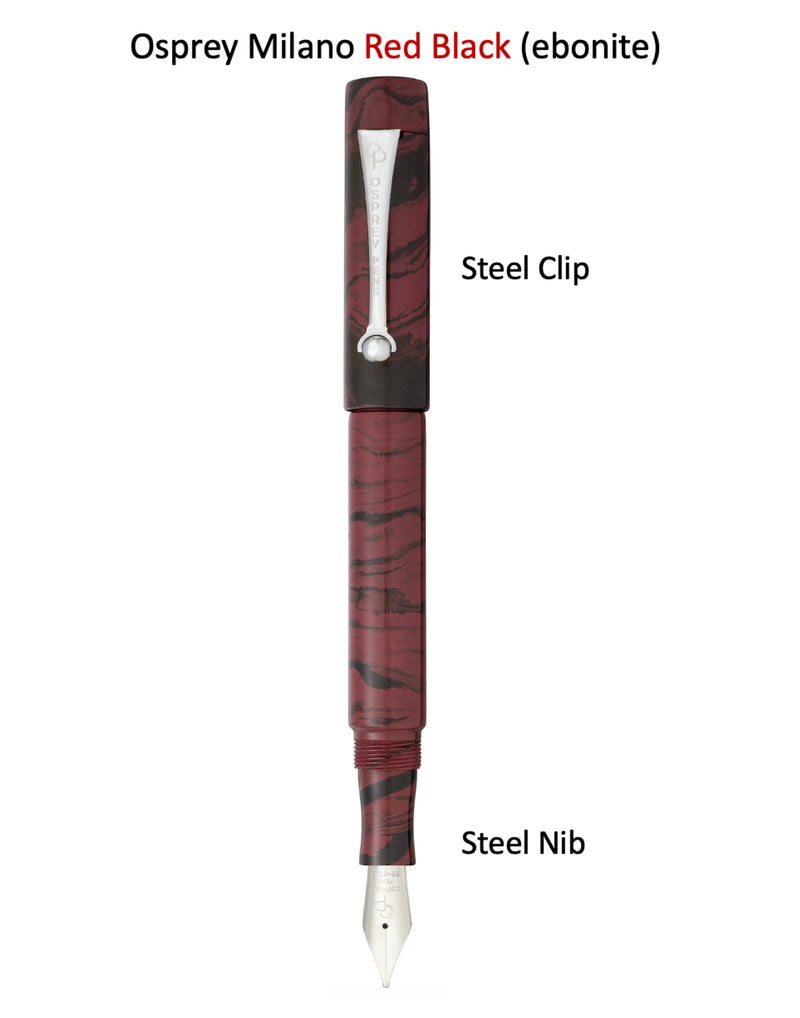 This image shows an Osprey Milano Red Black fountain Pen with a Steel clip and a Size 6 regular Steel nib. Select from Extra-Extra-Fine, Extra Fine, Fine, Medium, Broad or Double Broad. The nib Units work with cartridges and converters.