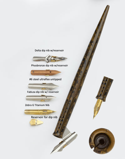 2-in-1 Oblique n Straight Penholder - OliveGreen-Black ripple ebonite