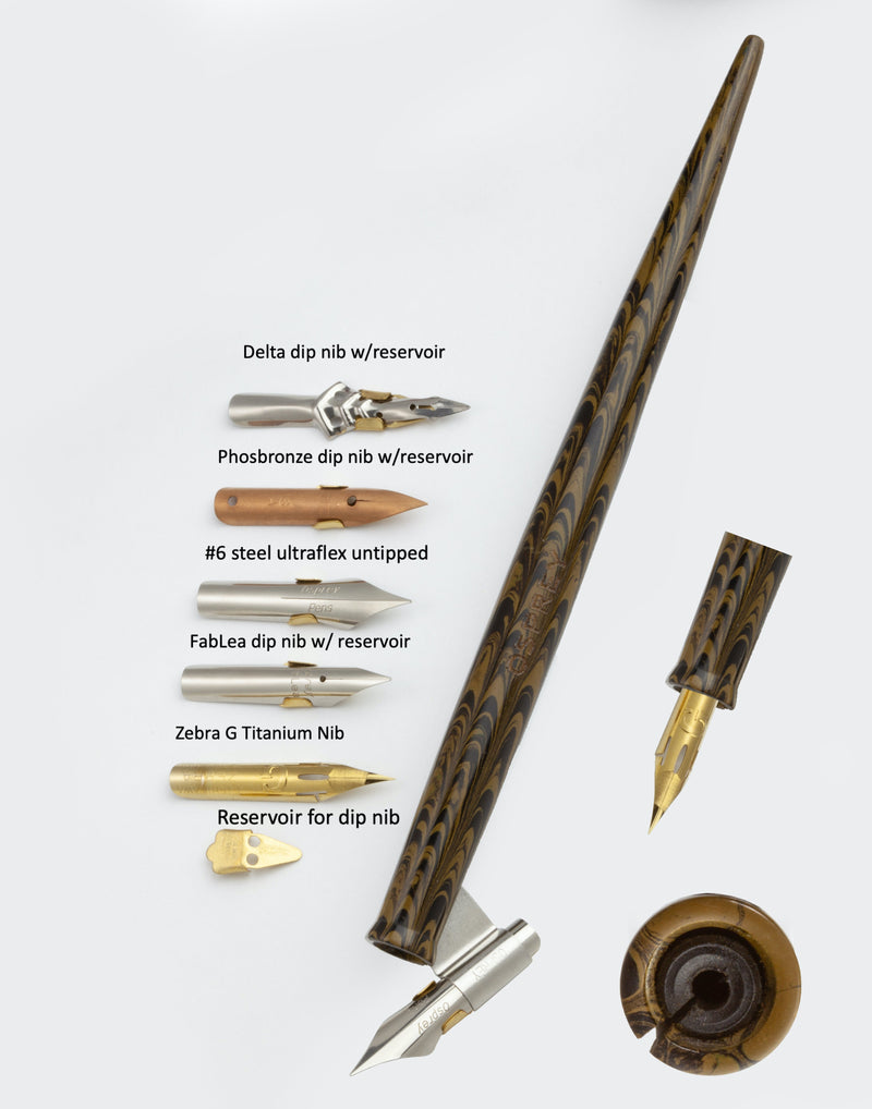 2-in-1 Oblique n Straight Penholder - OliveGreen-Black ripple ebonite